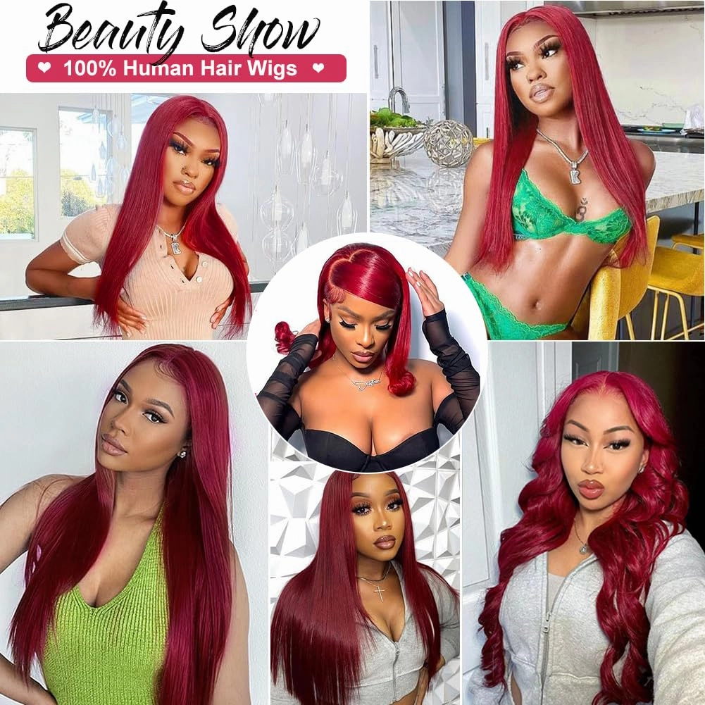 CUTE BEIN 99j Burgundy Lace Front Wigs Human Hair Glueless 30 Inch Wine Red Colored Straight Human Hair Wigs Pre Plucked with Baby Hair 180 Density 13x6 HD Transparent Frontal Wig for Black Women