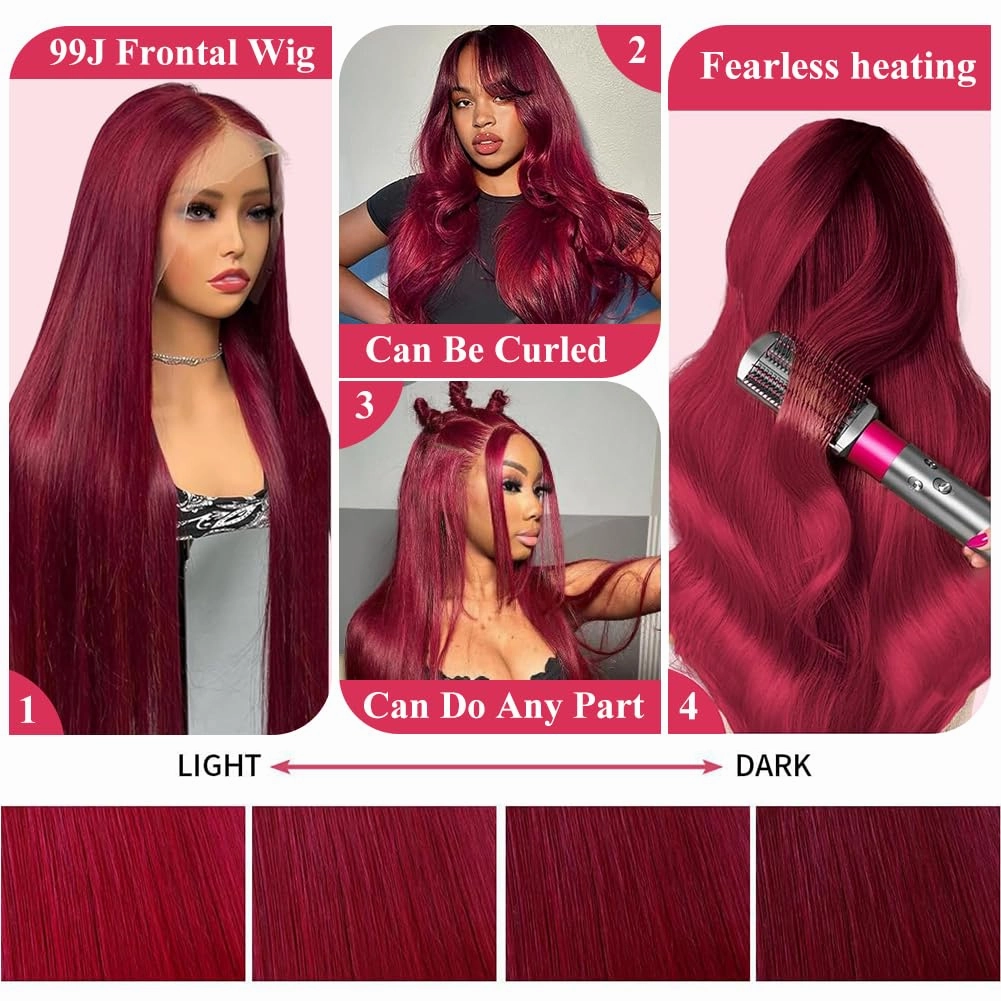CUTE BEIN 99j Burgundy Lace Front Wigs Human Hair Glueless 30 Inch Wine Red Colored Straight Human Hair Wigs Pre Plucked with Baby Hair 180 Density 13x6 HD Transparent Frontal Wig for Black Women
