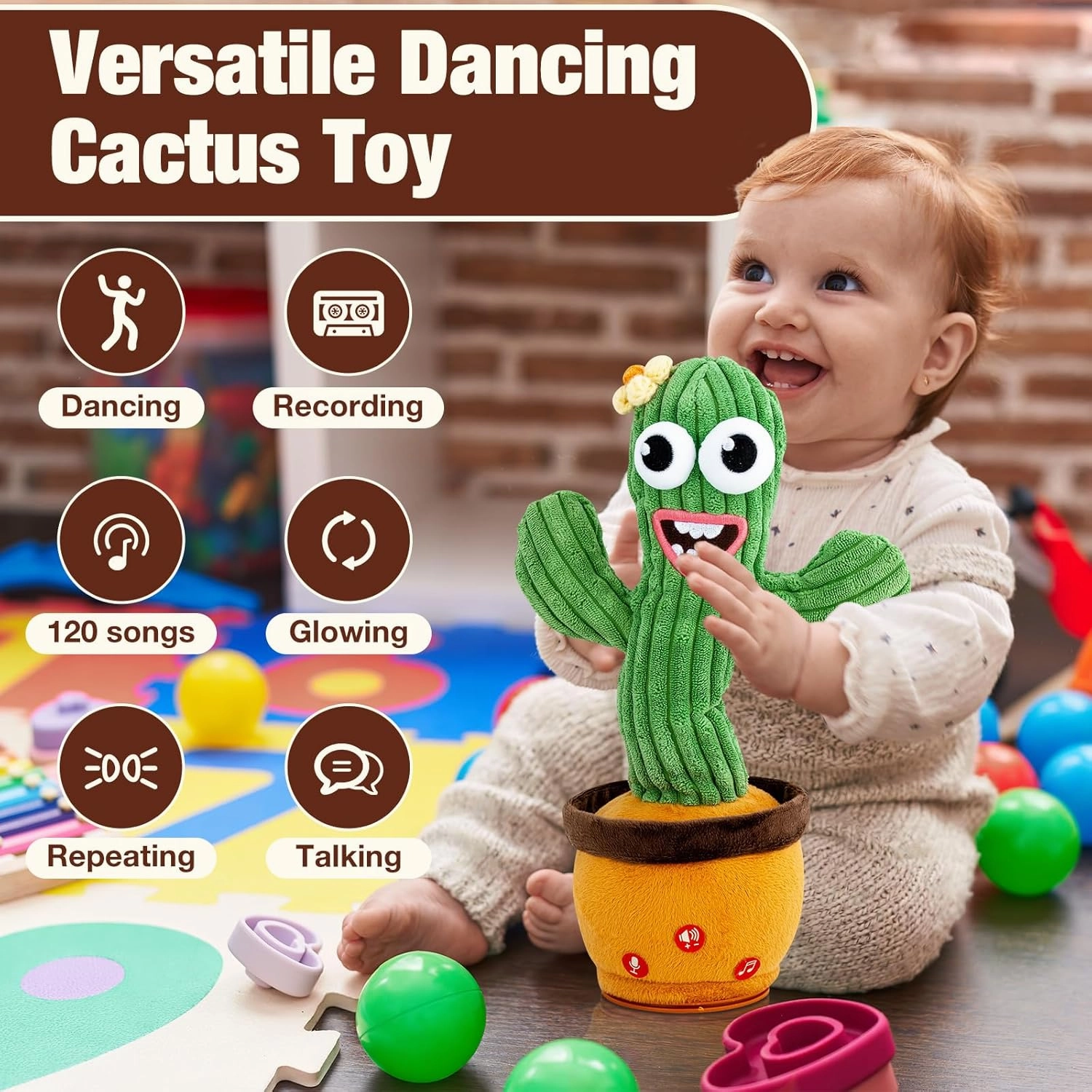 Dancing Talking Cactus Toys for Baby Boys Girls Gift, Singing Records Repeats What You Say Sunny Cactus Adjust Volume Mimicking Toy Light Up Plush Toy with 120 English Songs