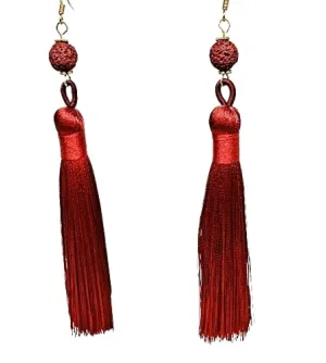 Dark Red Diffuser Tassel Long Drop Earrings with Austrian Crystals 4 1/2 Inches