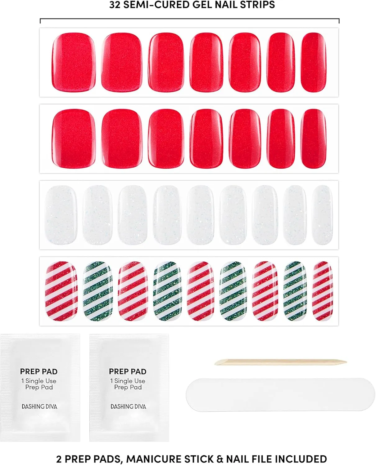 Dashing Diva Glaze Nail Strips - All Wrapped Up | Works with Any LED Nail Lamp | Long Lasting, Chip Resistant, Semicured Gel Nail Strips | Contains 32 Salon Quality Nail Wraps, 2 Prep Pad, 1 Nail File