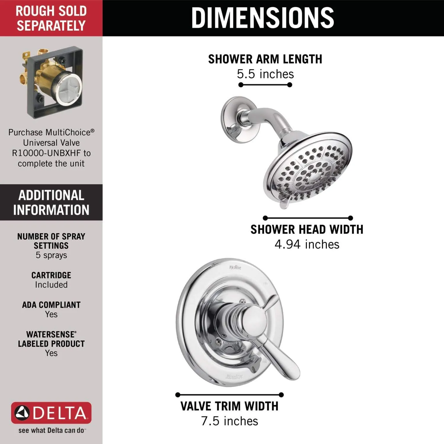 Delta Faucet Lahara 17 Series Dual-Function Shower Trim Kit with 5-Spray Touch-Clean Shower Head, Chrome T17238 (Valve Not Included)