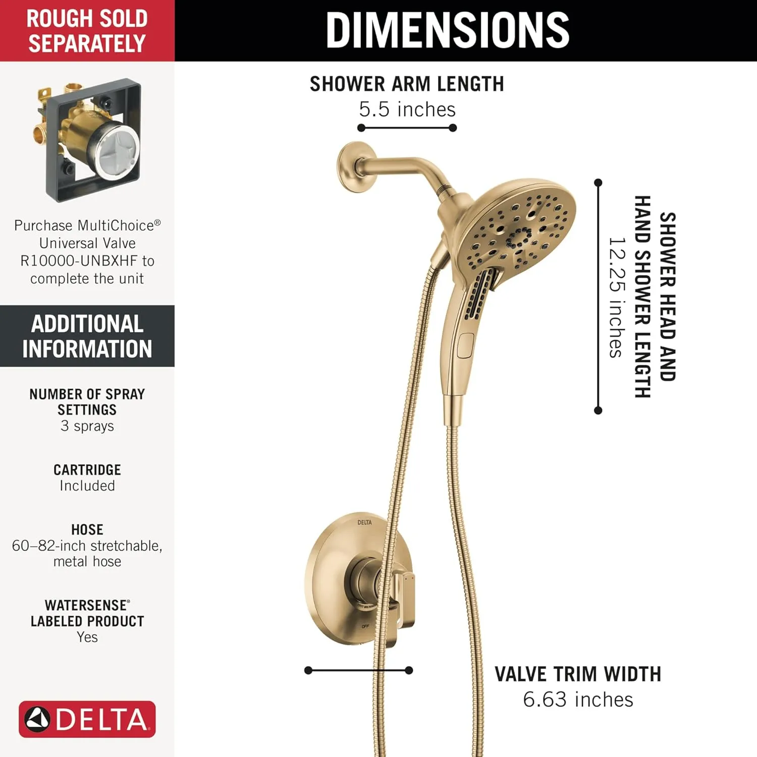 Delta Faucet Tetra 17 Series Dual-Function Gold Shower Faucet Set with In2ition 2-in-1 Shower Head with Handheld Spray, Gold Shower Faucet, Lumicoat Champagne Bronze T17289-CZ-PR (Valve Not Included)