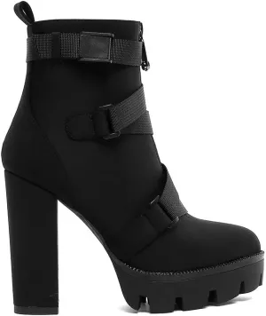 DETOGNI Women's Fashion Platform Block High Heel Booties Buckle Strap Zipper Ankle Boots