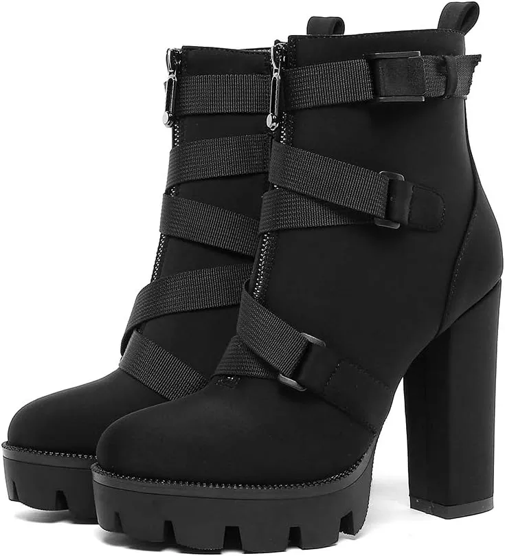 DETOGNI Women's Fashion Platform Block High Heel Booties Buckle Strap Zipper Ankle Boots