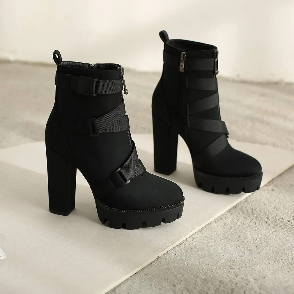 DETOGNI Women's Fashion Platform Block High Heel Booties Buckle Strap Zipper Ankle Boots