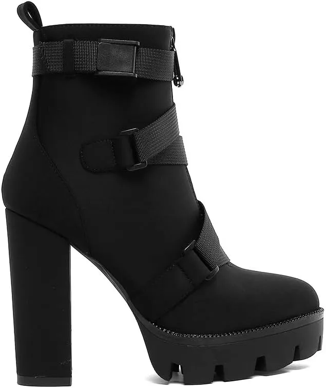 DETOGNI Women's Fashion Platform Block High Heel Booties Buckle Strap Zipper Ankle Boots