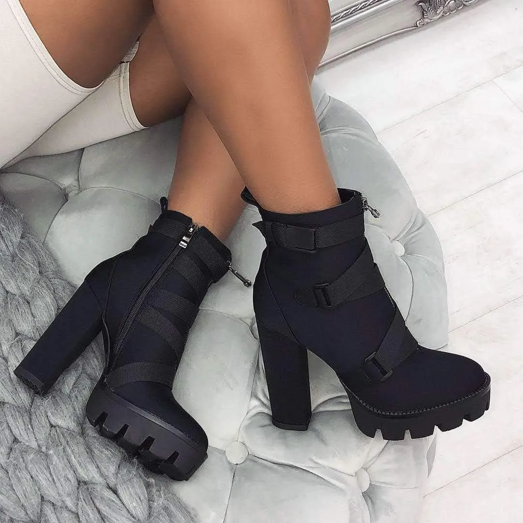 DETOGNI Women's Fashion Platform Block High Heel Booties Buckle Strap Zipper Ankle Boots