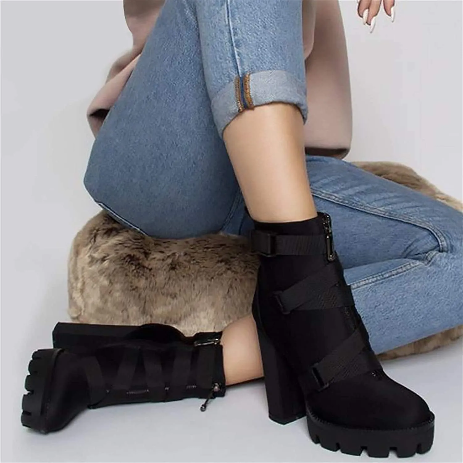 DETOGNI Women's Fashion Platform Block High Heel Booties Buckle Strap Zipper Ankle Boots