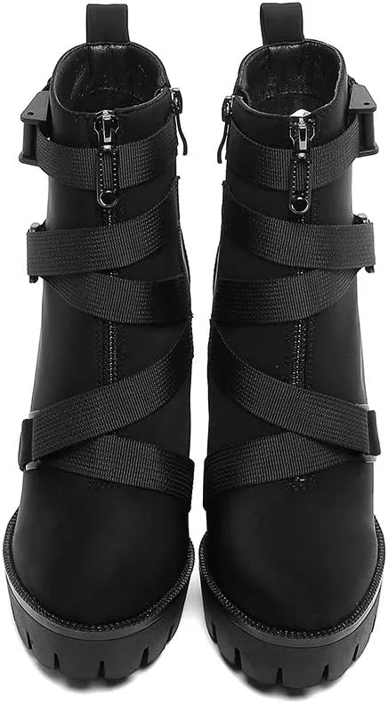 DETOGNI Women's Fashion Platform Block High Heel Booties Buckle Strap Zipper Ankle Boots