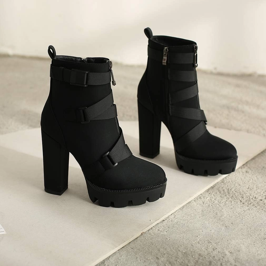 DETOGNI Women's Fashion Platform Block High Heel Booties Buckle Strap Zipper Ankle Boots
