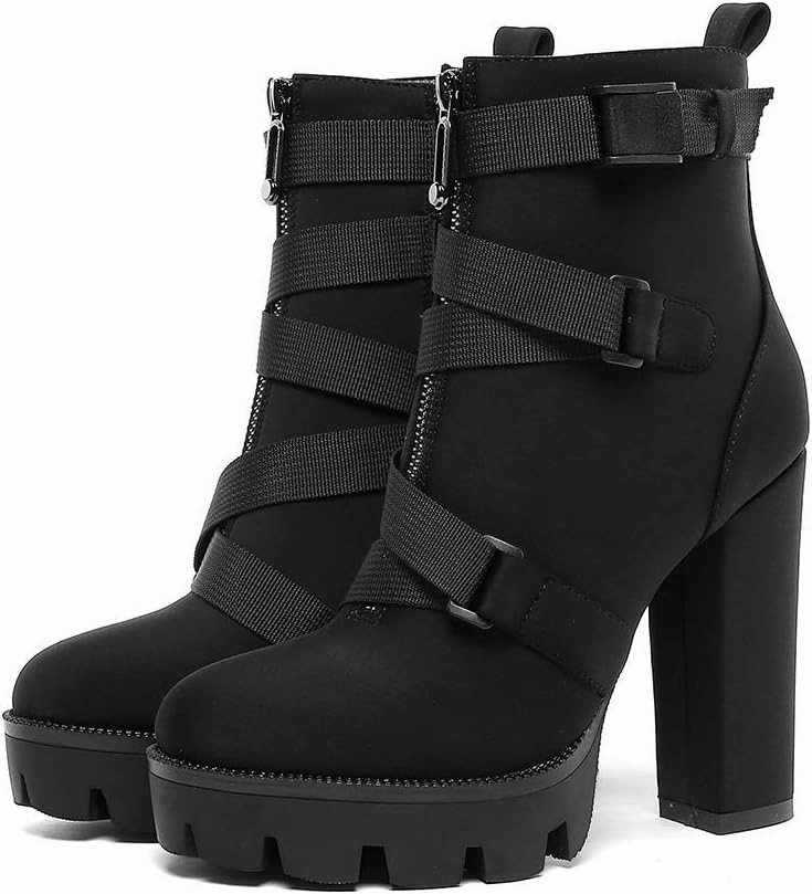 DETOGNI Women's Fashion Platform Block High Heel Booties Buckle Strap Zipper Ankle Boots