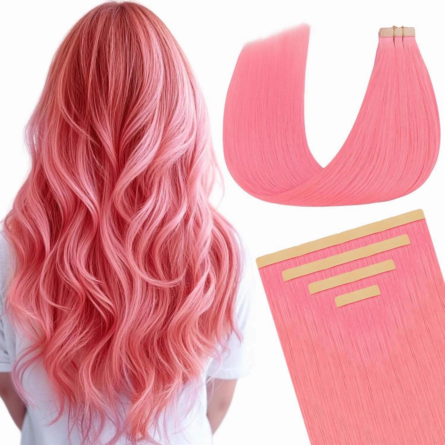 DOORES Human Hair Extensions, Light Pink Tape in Hair Extensions Real Human Hair, Remy Human Hair Extensions Invisible Tape Straight, 30g 10pcs 22 Inch