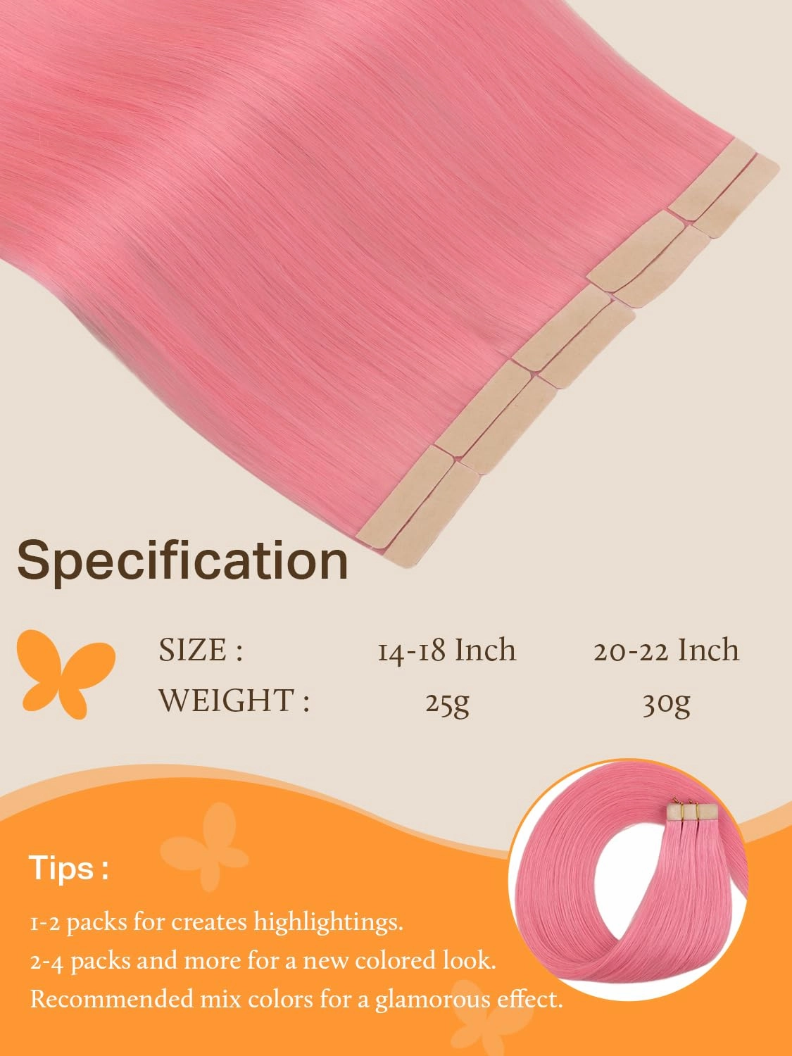 DOORES Human Hair Extensions, Light Pink Tape in Hair Extensions Real Human Hair, Remy Human Hair Extensions Invisible Tape Straight, 30g 10pcs 22 Inch