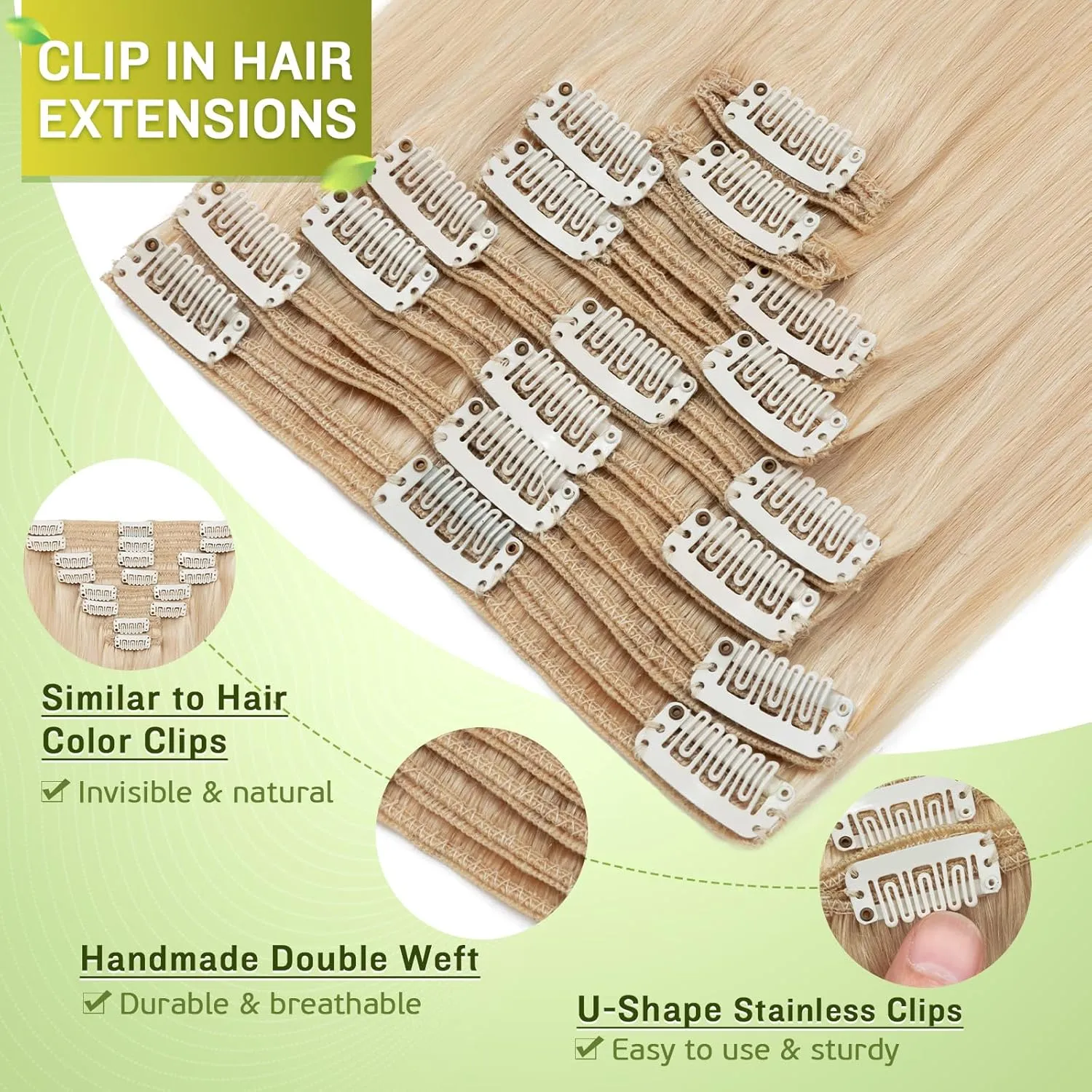 Double Weft 100% Remy Human Hair Clip in Extensions Highlight #24 Natural Blonde Full Head Thick Long Soft Straight 8pcs 18clips 18 inch 140g