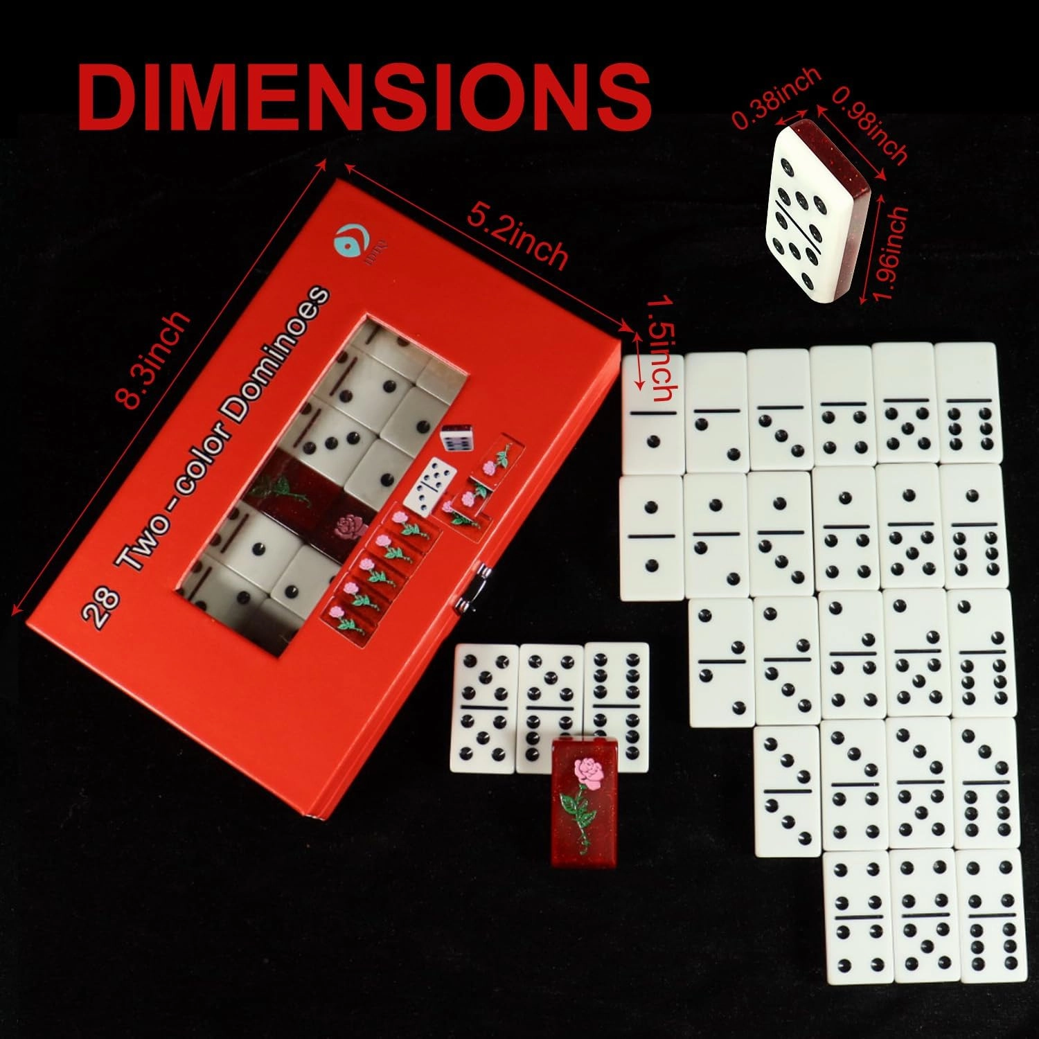 Double Six Domino Set - 28 Piece Two-Color Dominoes, Floral Rose Back and Locking Red Gift Box, Classic Table Game for 2-4 Players, Adults & Family Game Night​​
