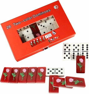 Double Six Domino Set - 28 Piece Two-Color Dominoes, Floral Rose Back and Locking Red Gift Box, Classic Table Game for 2-4 Players, Adults & Family Game Night​​