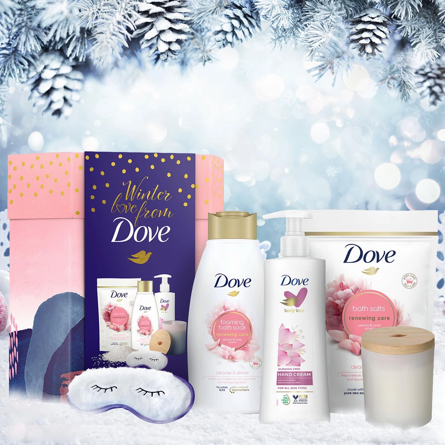 Dove Winter Love Bath & Body 6pcs Gift Set For Her with Soy Candle & Eye Mask