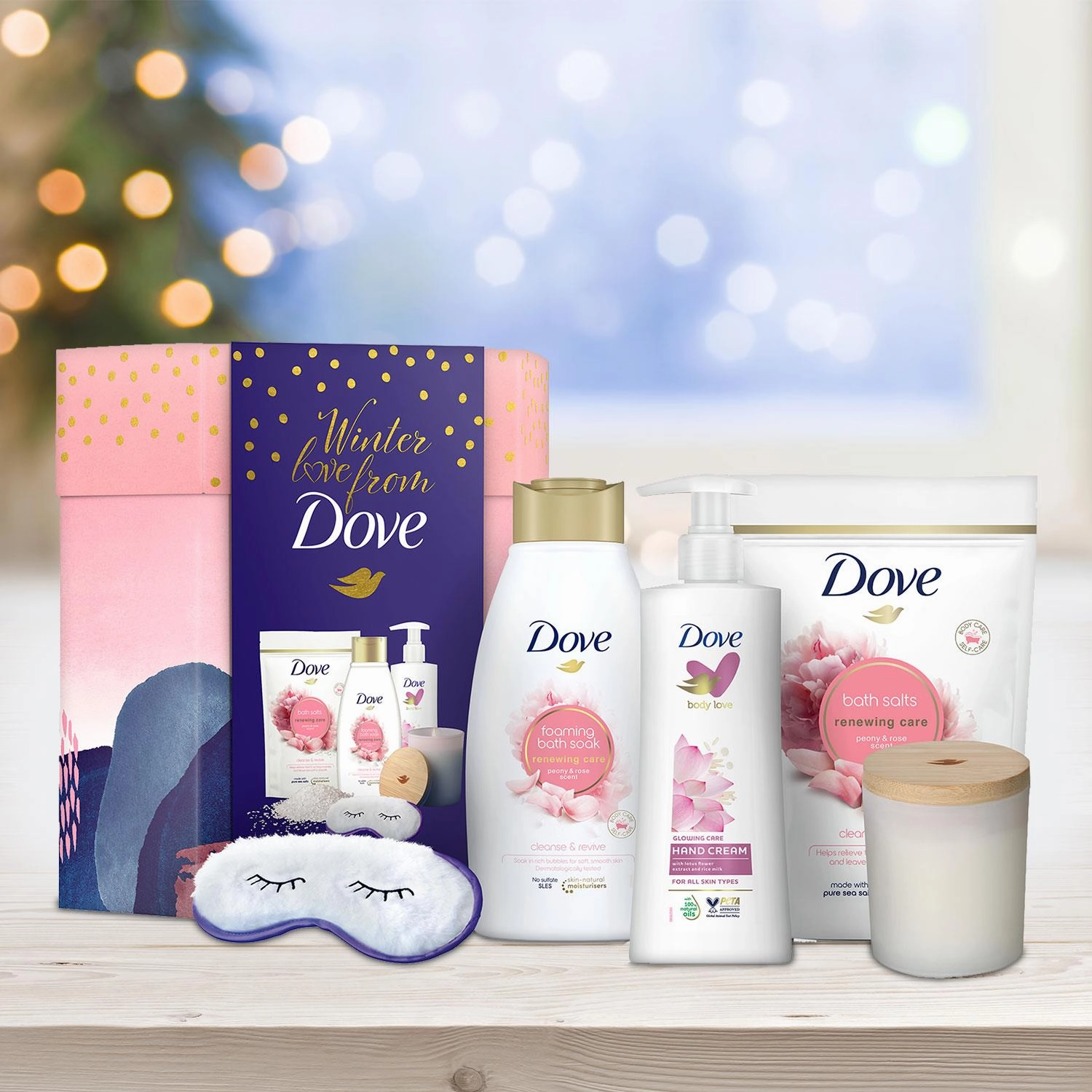 Dove Winter Love Bath & Body 6pcs Gift Set For Her with Soy Candle & Eye Mask