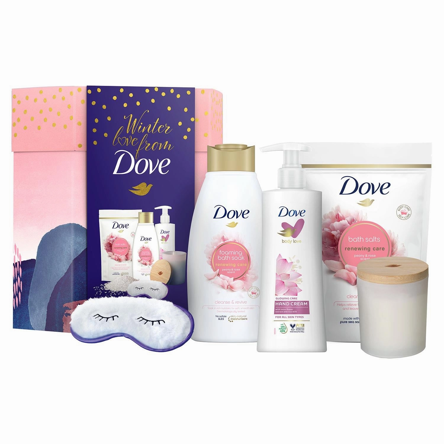 Dove Winter Love Bath & Body 6pcs Gift Set For Her with Soy Candle & Eye Mask