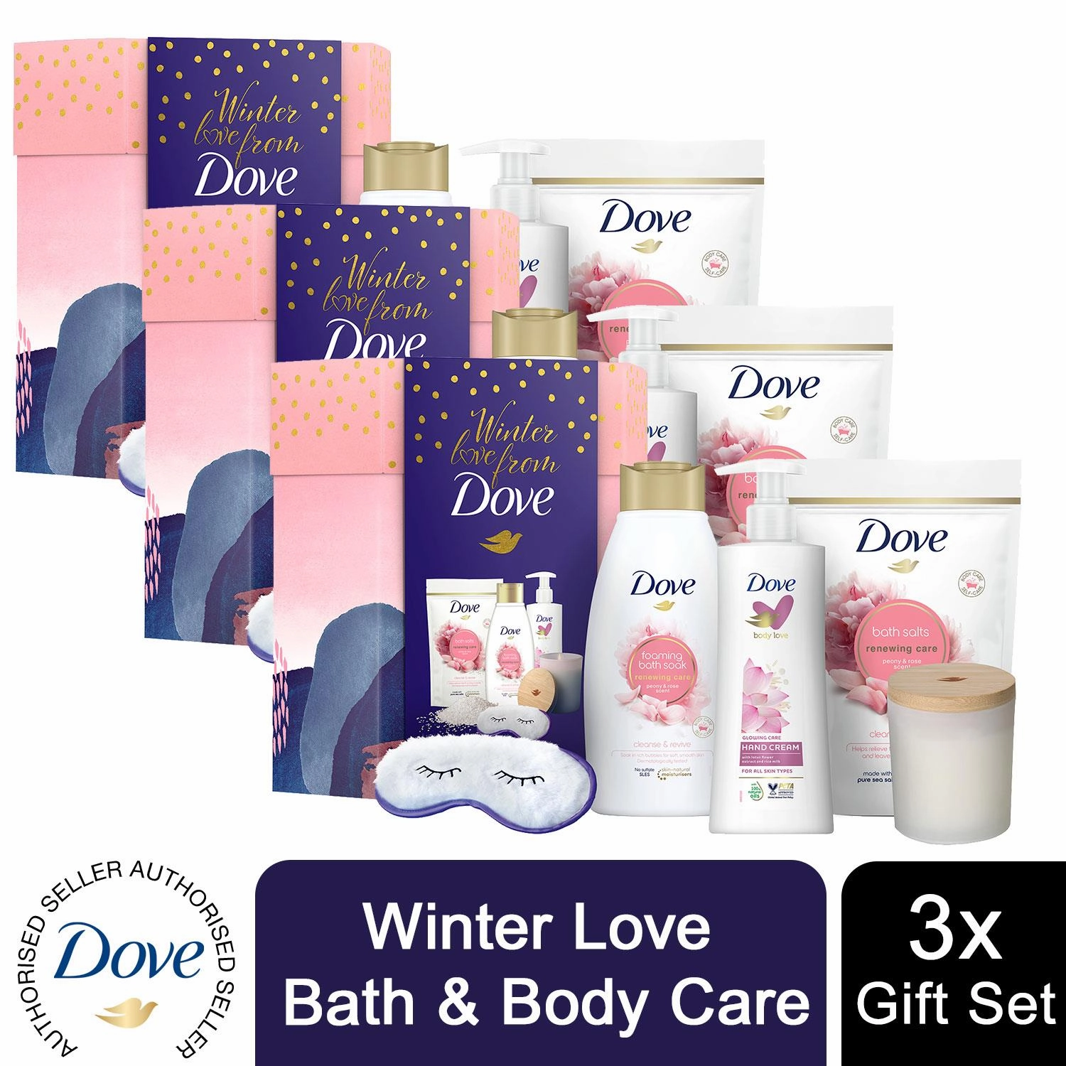 Dove Winter Love Bath & Body 6pcs Gift Set For Her with Soy Candle & Eye Mask