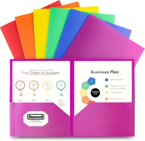 Dunwell Colored Plastic Folders with Pockets - (12 Pack, Assorted Colors), 2-Pocket 8.5x11 Folders for School and Office, Heavy Duty Long Lasting Poly, Includes Labels