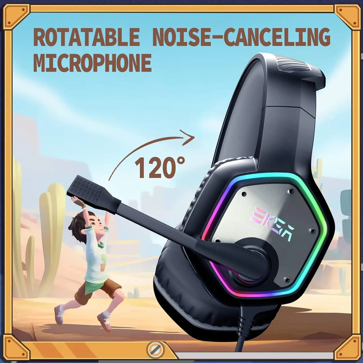 EKSA Gaming Headset, Noise Canceling Mic & RGB Light, Gaming Headphones Compatible with PC, PS4, PS5, Laptop, Computer (Gray-Sandrock)