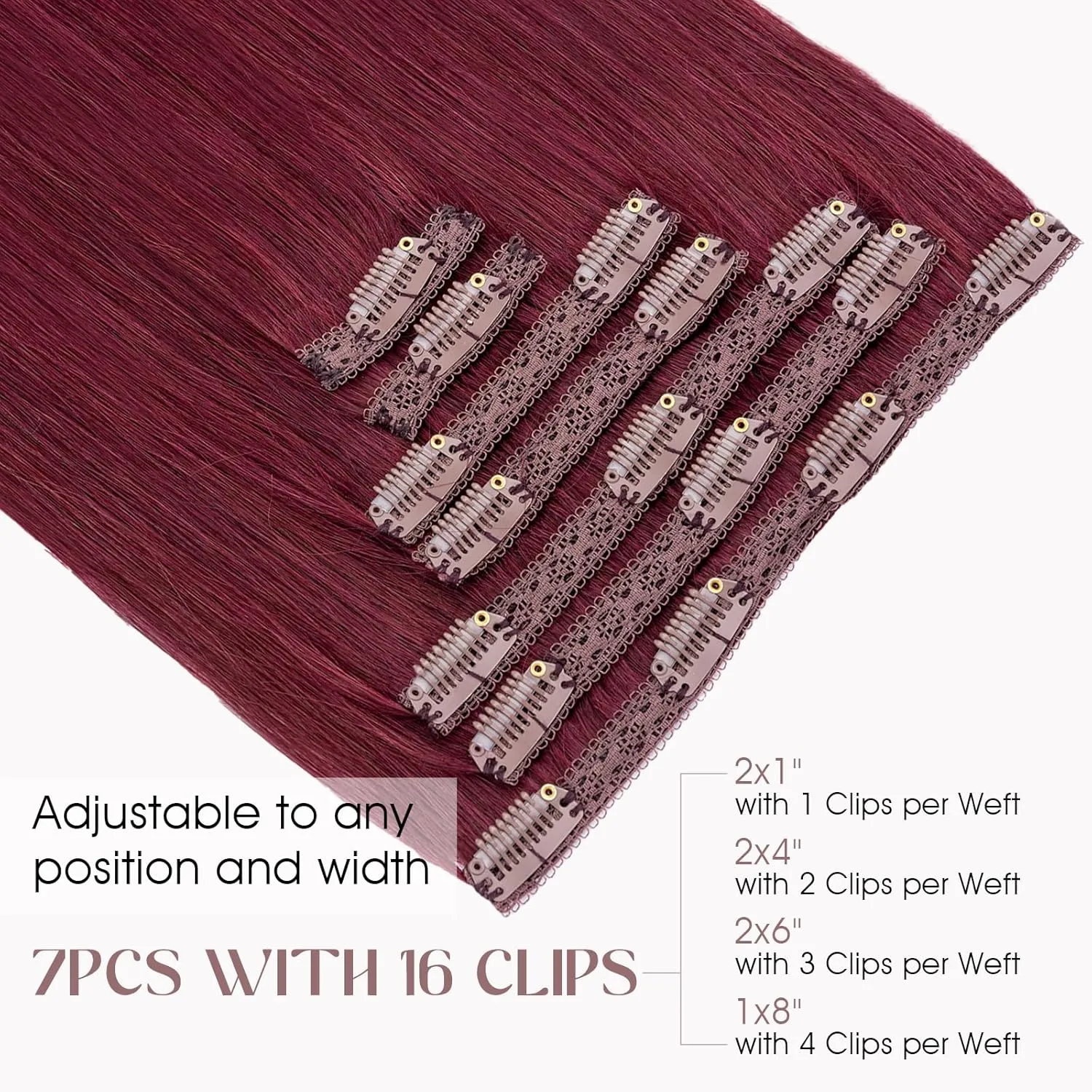 Elailite Clip in Hair Extensions Real Human Hair, Remy Hairpieces for Women, 7PCS Lace Weft Full Head, 10 Inch 85g Burgundy