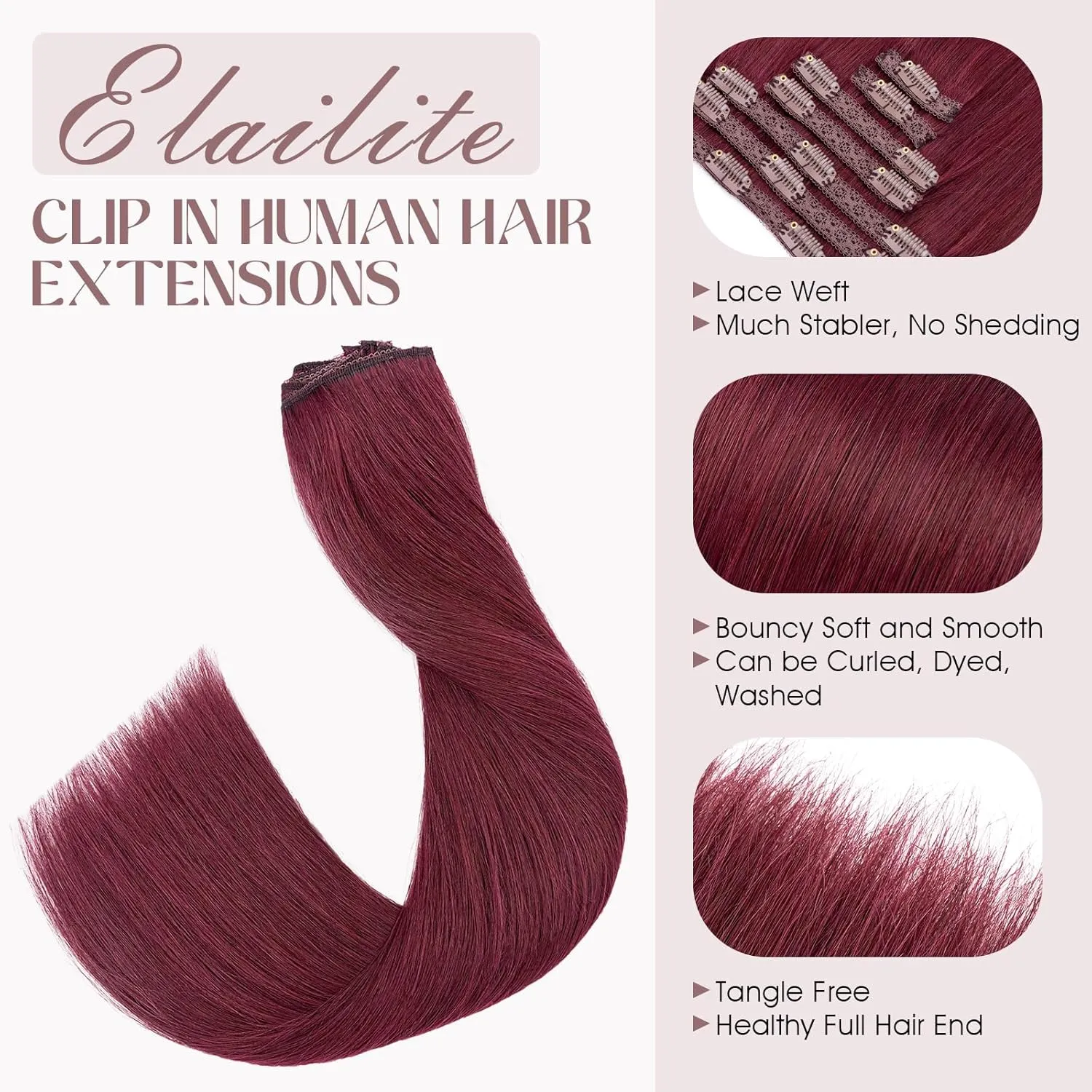 Elailite Clip in Hair Extensions Real Human Hair, Remy Hairpieces for Women, 7PCS Lace Weft Full Head, 10 Inch 85g Burgundy