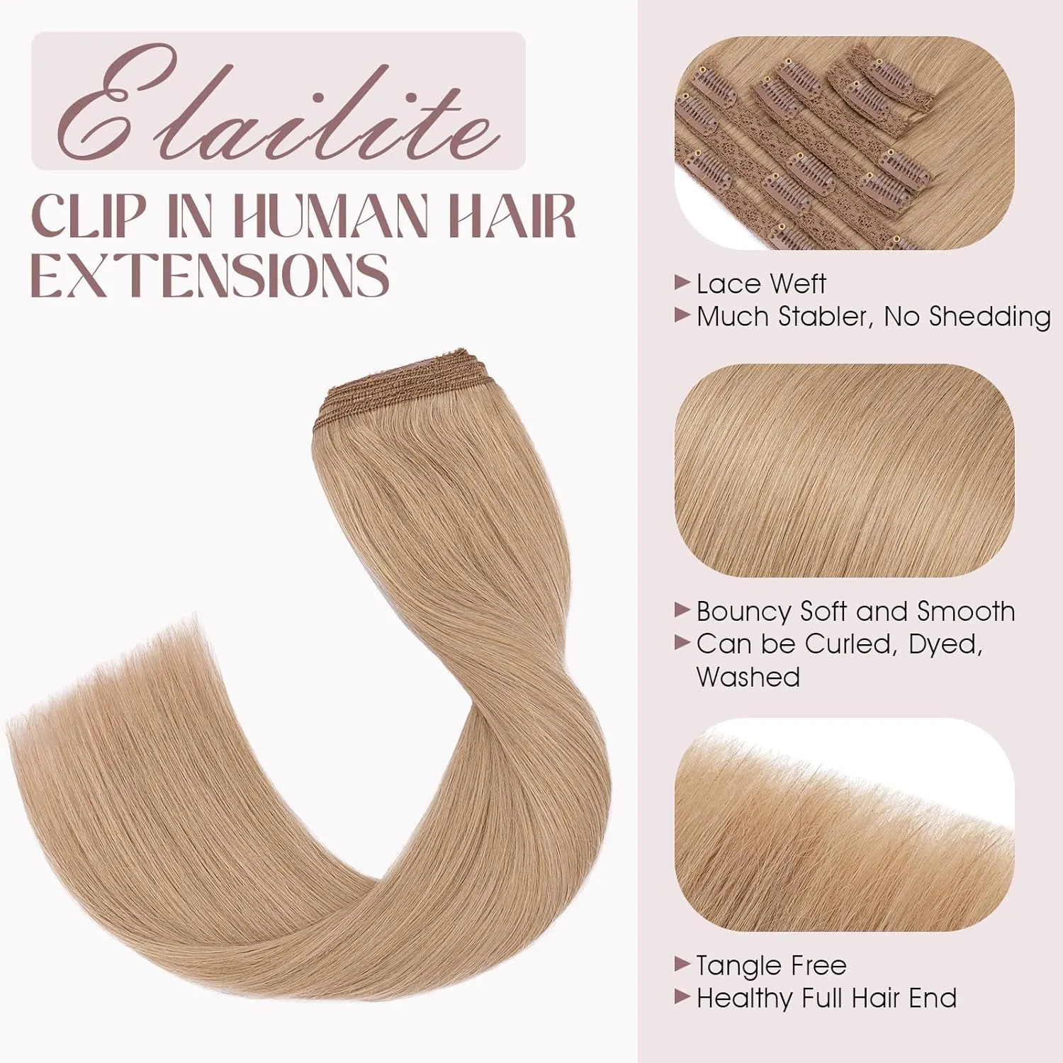 Elailite Clip in Hair Extensions Real Human Hair, Remy Hairpieces for Women, 7PCS Lace Weft Full Head, 10 Inch 85g Dark Blonde