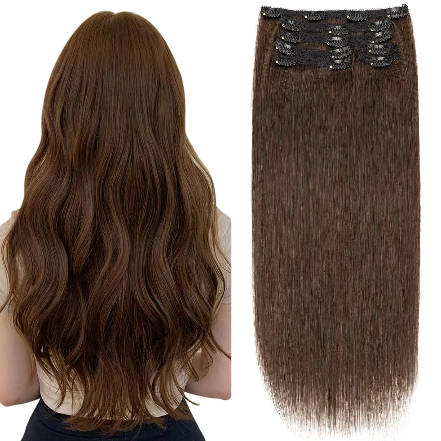 Elailite Clip in Hair Extensions Real Human Hair, Remy Hairpieces for Women, 7PCS Lace Weft Full Head, 18 Inch 120g Dark Brown