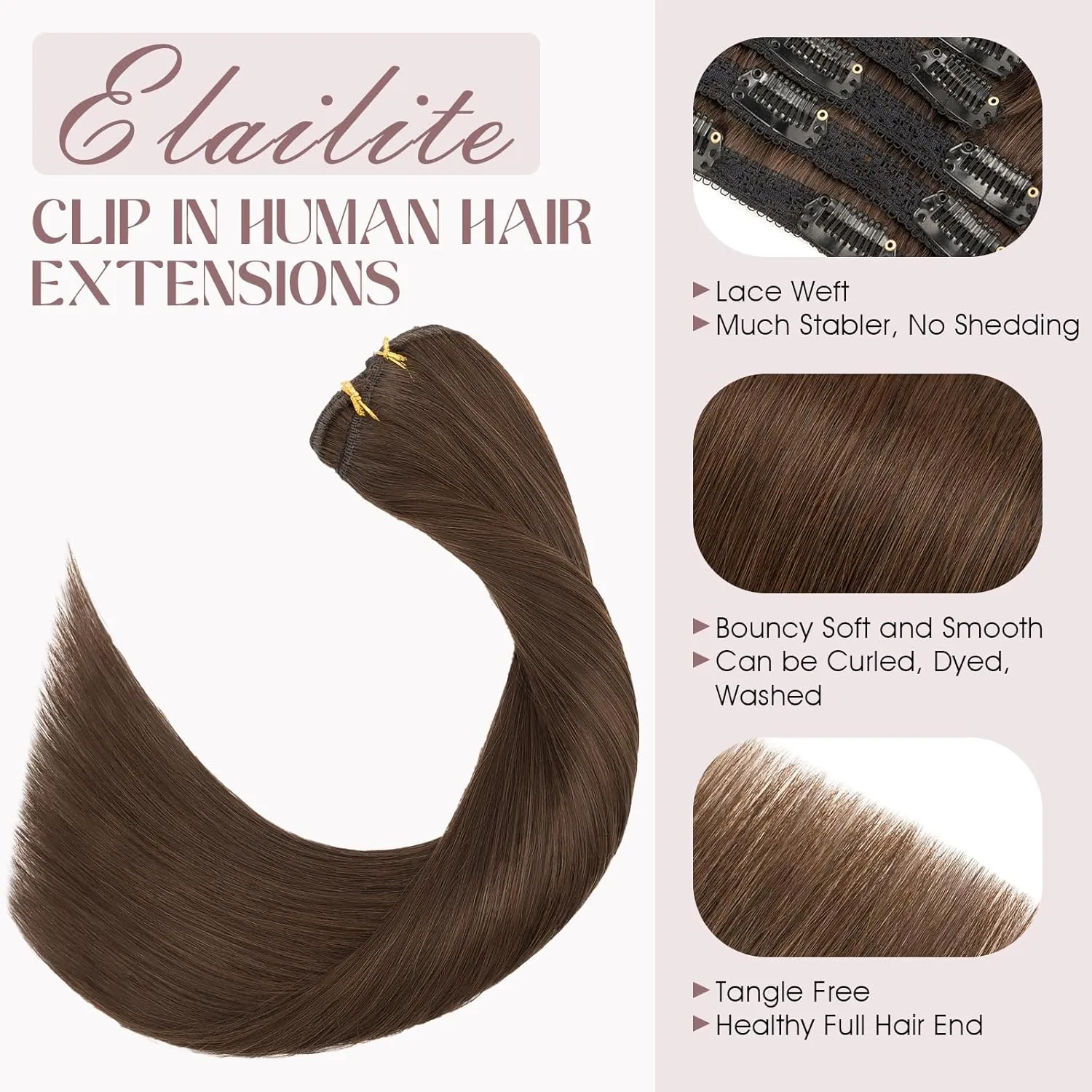 Elailite Clip in Hair Extensions Real Human Hair, Remy Hairpieces for Women, 7PCS Lace Weft Full Head, 18 Inch 120g Dark Brown