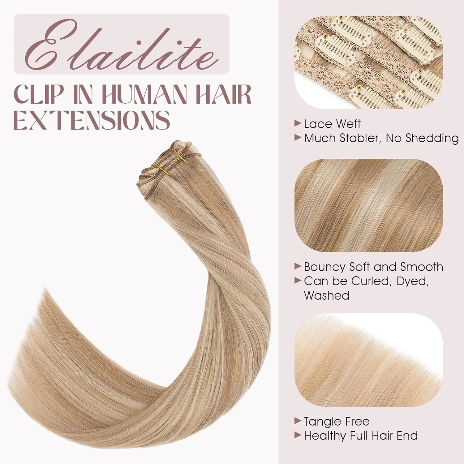 Elailite Clip in Hair Extensions Real Human Hair, Remy Hairpieces for Women, 7PCS Lace Weft Full Head, 18 Inch 120g Golden brown & Bleach Blonde