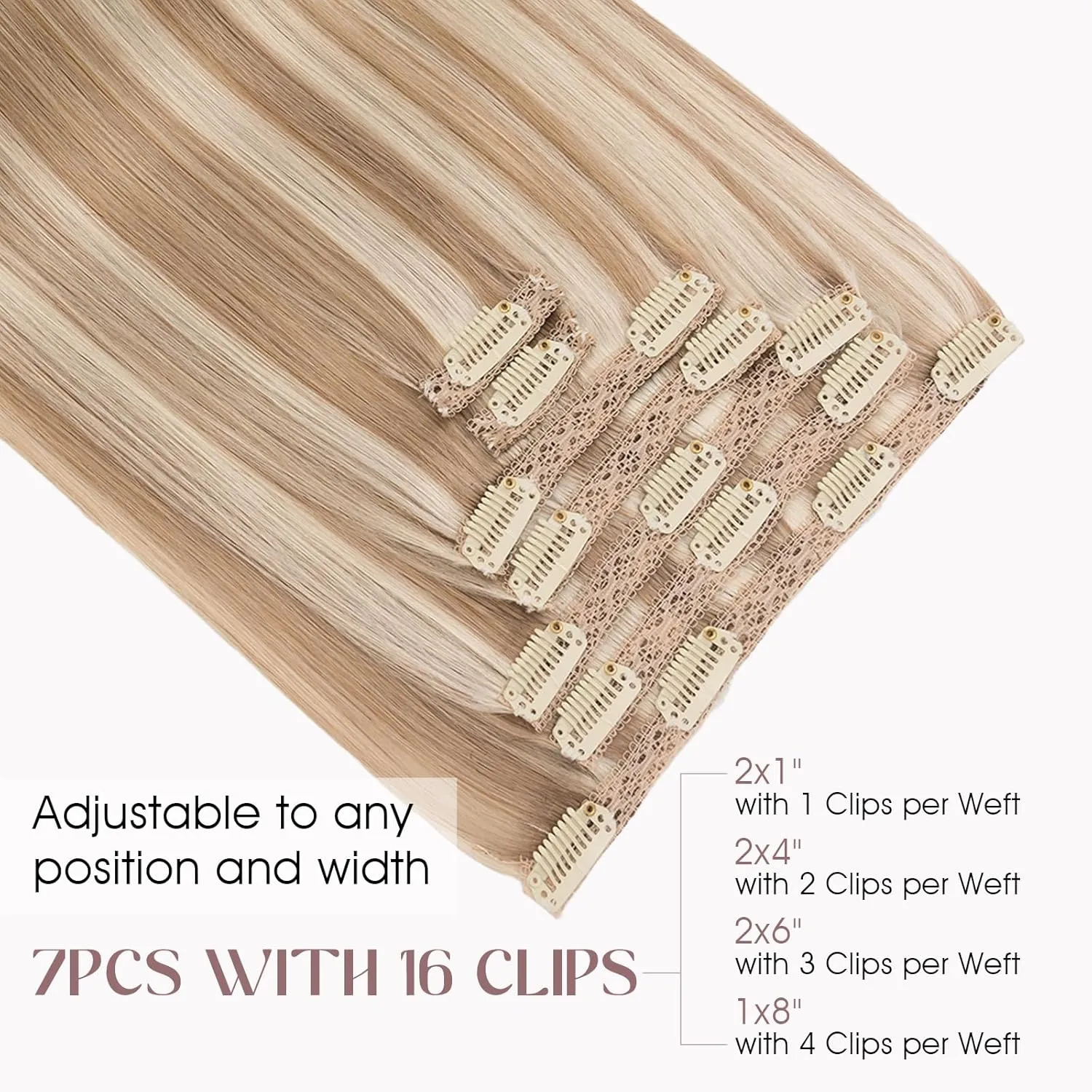 Elailite Clip in Hair Extensions Real Human Hair, Remy Hairpieces for Women, 7PCS Lace Weft Full Head, 18 Inch 120g Golden brown & Bleach Blonde