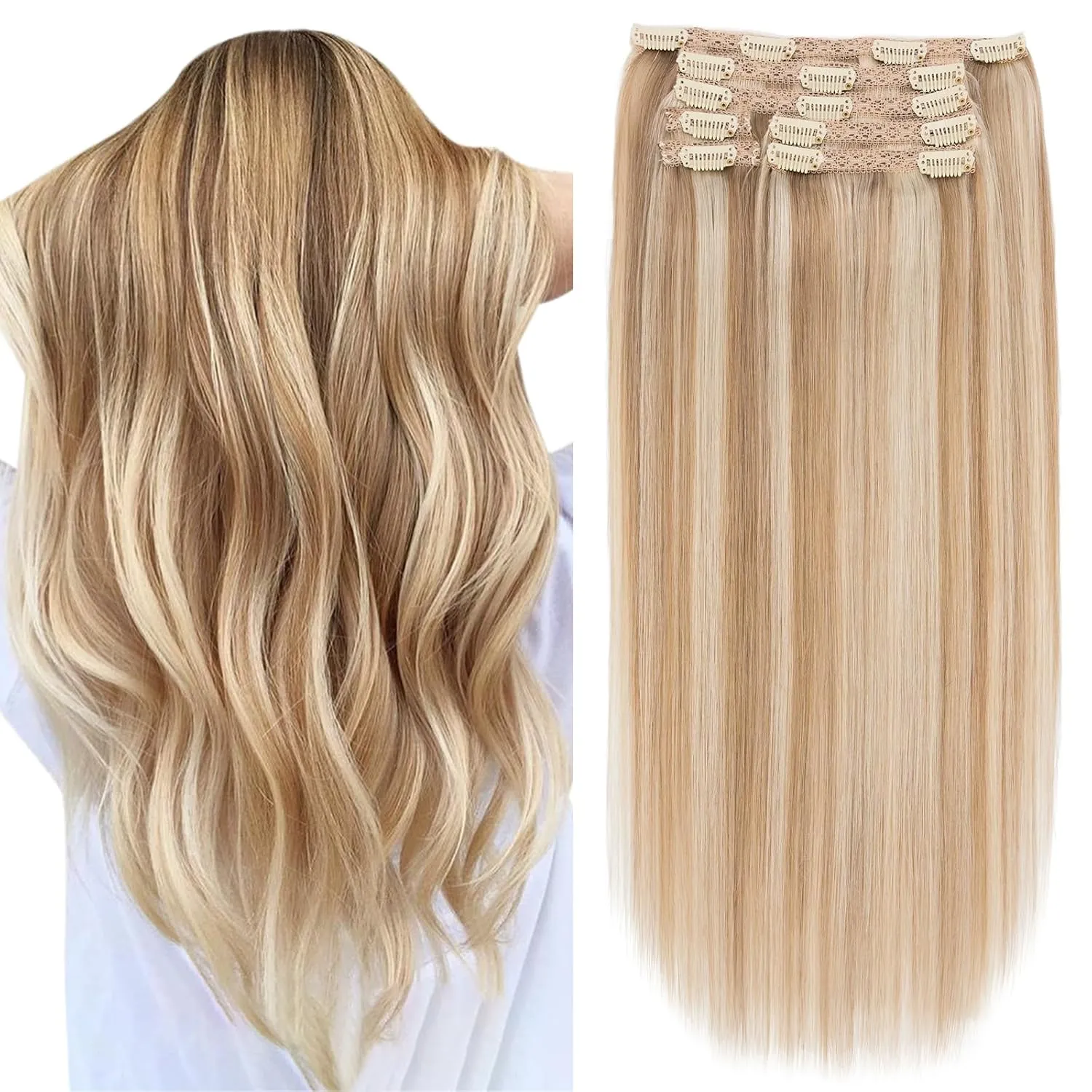 Elailite Clip in Hair Extensions Real Human Hair, Remy Hairpieces for Women, 7PCS Lace Weft Full Head, 18 Inch 120g Golden brown & Bleach Blonde
