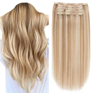 Elailite Clip in Hair Extensions Real Human Hair, Remy Hairpieces for Women, 7PCS Lace Weft Full Head, 18 Inch 120g Golden brown & Bleach Blonde