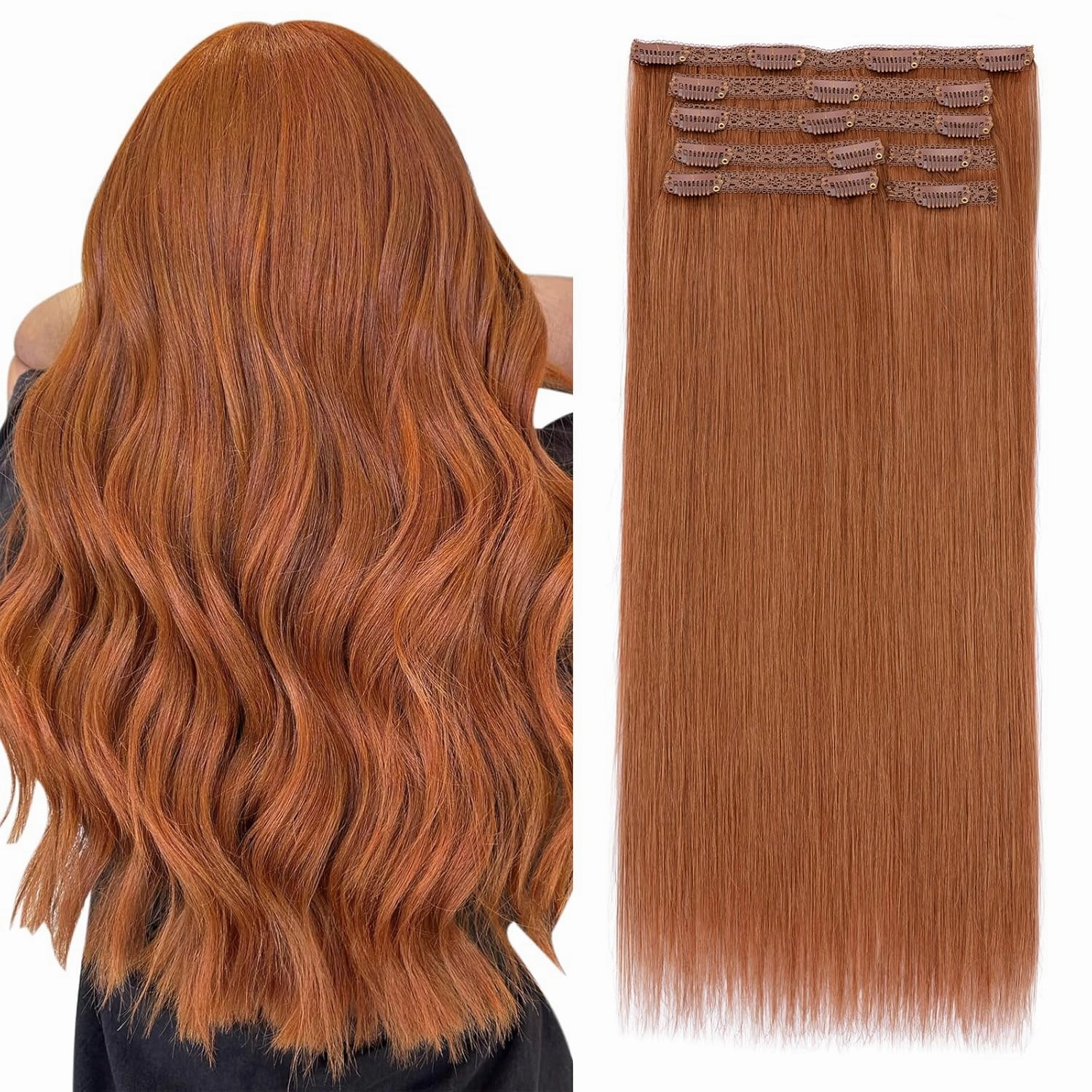 Elailite Clip in Hair Extensions Real Human Hair, Remy Hairpieces for Women, 7PCS Lace Weft Full Head, 10 Inch 85g Dark Auburn Copper Red