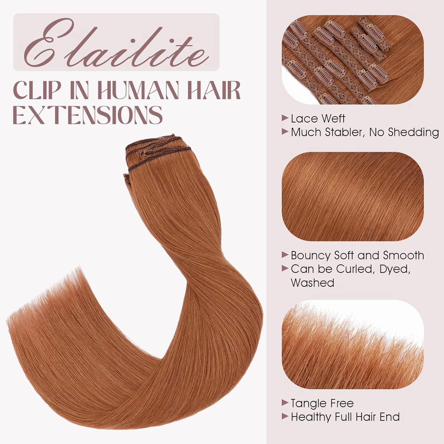 Elailite Clip in Hair Extensions Real Human Hair, Remy Hairpieces for Women, 7PCS Lace Weft Full Head, 10 Inch 85g Dark Auburn Copper Red