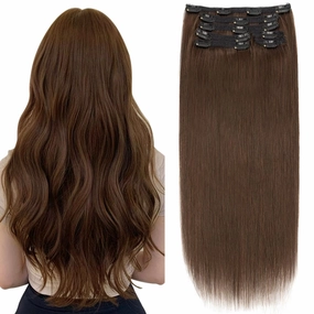Elailite Clip in Hair Extensions Real Human Hair, Remy Hairpieces for Women, 7PCS Lace Weft Full Head, 10 Inch 85g Dark Brown