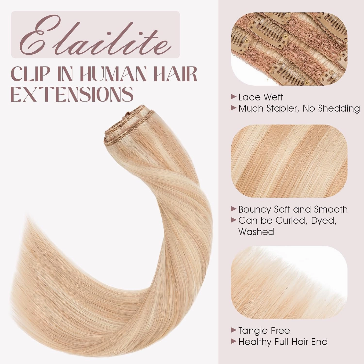 Elailite Clip in Hair Extensions Real Human Hair, Remy Hairpieces for Women, 7PCS Lace Weft Full Head, 14 Inch 100g Ash Blonde & Bleach Blonde