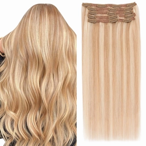 Elailite Clip in Hair Extensions Real Human Hair, Remy Hairpieces for Women, 7PCS Lace Weft Full Head, 14 Inch 100g Ash Blonde & Bleach Blonde
