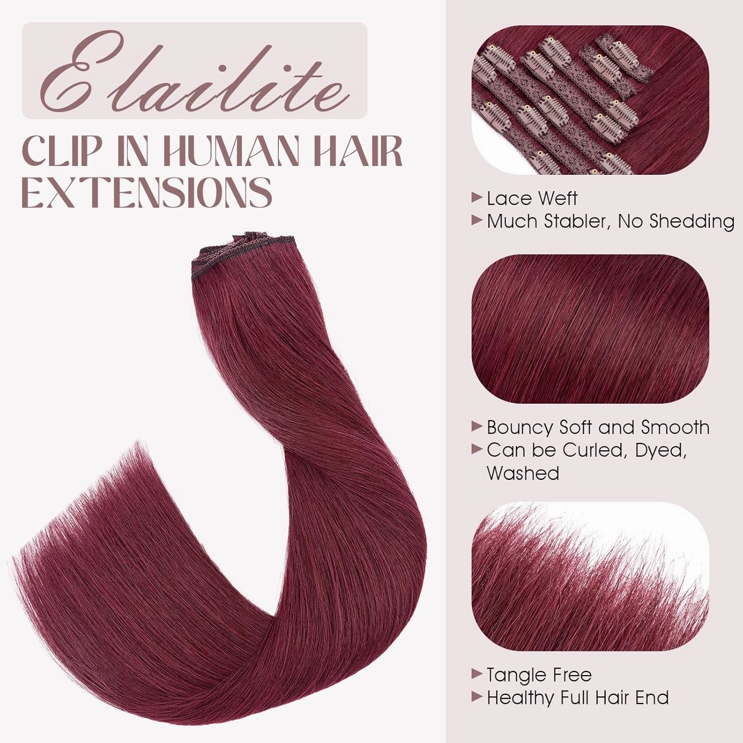 Elailite Clip in Hair Extensions Real Human Hair, Remy Hairpieces for Women, 7PCS Lace Weft Full Head, 14 Inch 100g Burgundy