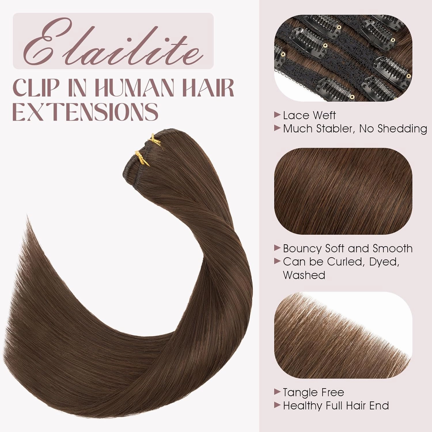 Elailite Clip in Hair Extensions Real Human Hair, Remy Hairpieces for Women, 7PCS Lace Weft Full Head, 14 Inch 100g Dark Brown