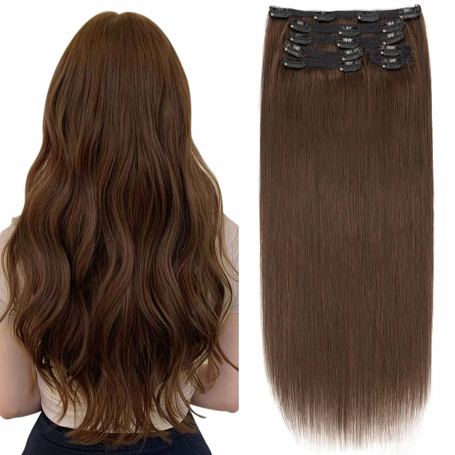 Elailite Clip in Hair Extensions Real Human Hair, Remy Hairpieces for Women, 7PCS Lace Weft Full Head, 14 Inch 100g Dark Brown