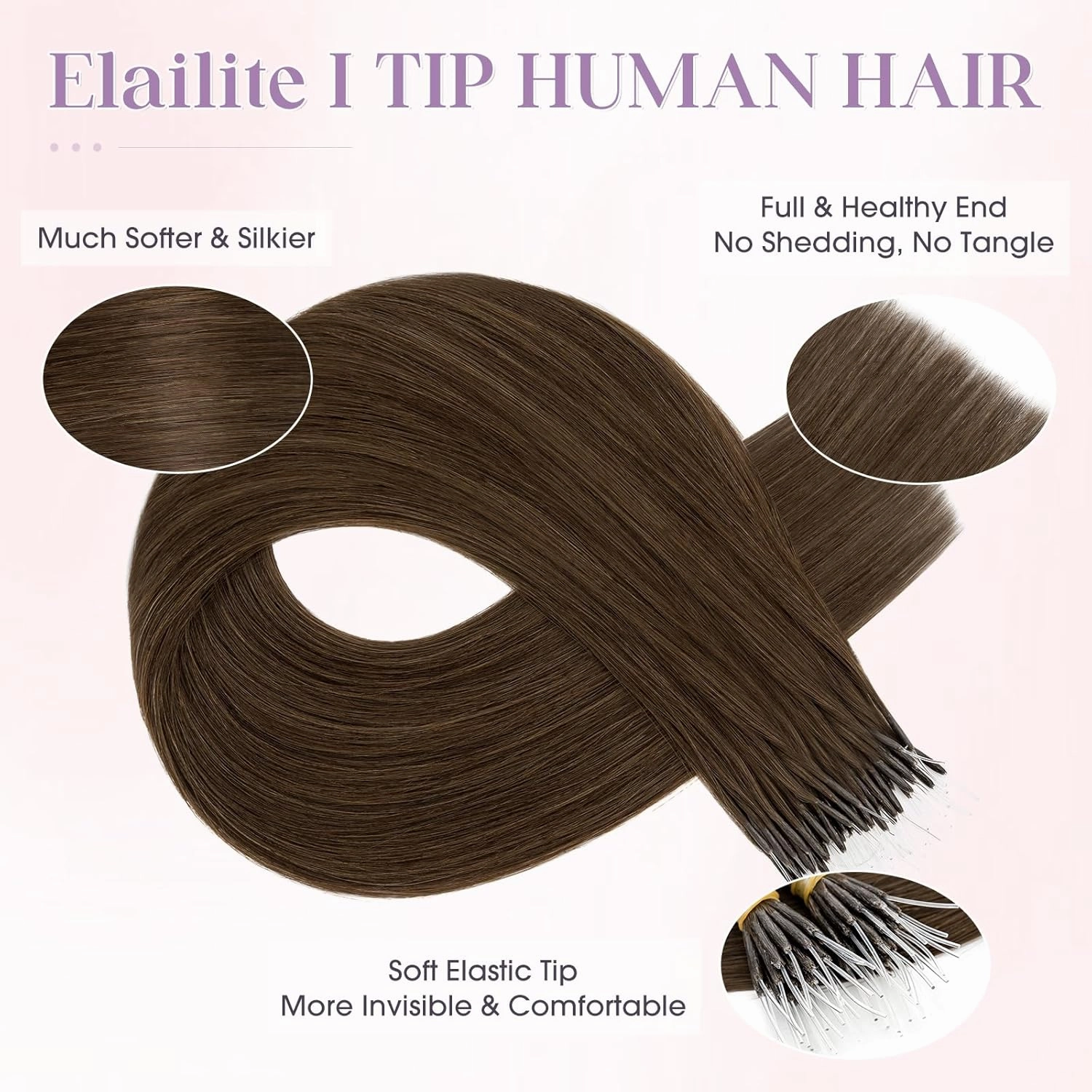 Elailite I Tip Hair Extensions Human Hair Elastic Itip Real Remy Hair Dark Brown 20 Inch 50G 50Strands Straight Pre Bonded Keratin Fusion Human Hair Extensions