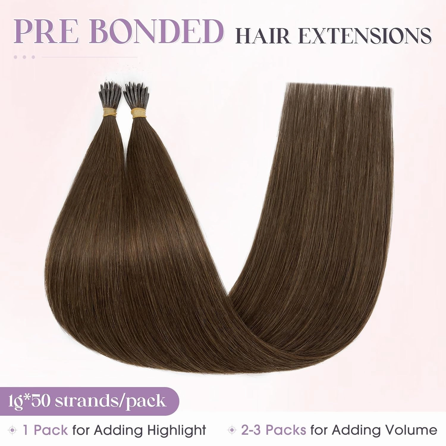 Elailite I Tip Hair Extensions Human Hair Elastic Itip Real Remy Hair Dark Brown 20 Inch 50G 50Strands Straight Pre Bonded Keratin Fusion Human Hair Extensions