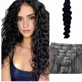Envie Me Luxury Hair Extensions Remy Cuticle Intact Double Drawn Real Human Hair Deep Wave Curl Hair Seamless-Invisible Clip In Hair Extensions #1B Soft Black 110g 20 inch 8 pcs