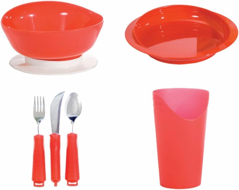 Essential Medical Supply Power of Red Adaptive Dinnerware Set - Includes Scoop Dish and Bowl, Utensil Set, Nosey Cup - Designed for Elderly and Senior Use Plus Handicapped, Dementia or Rehab