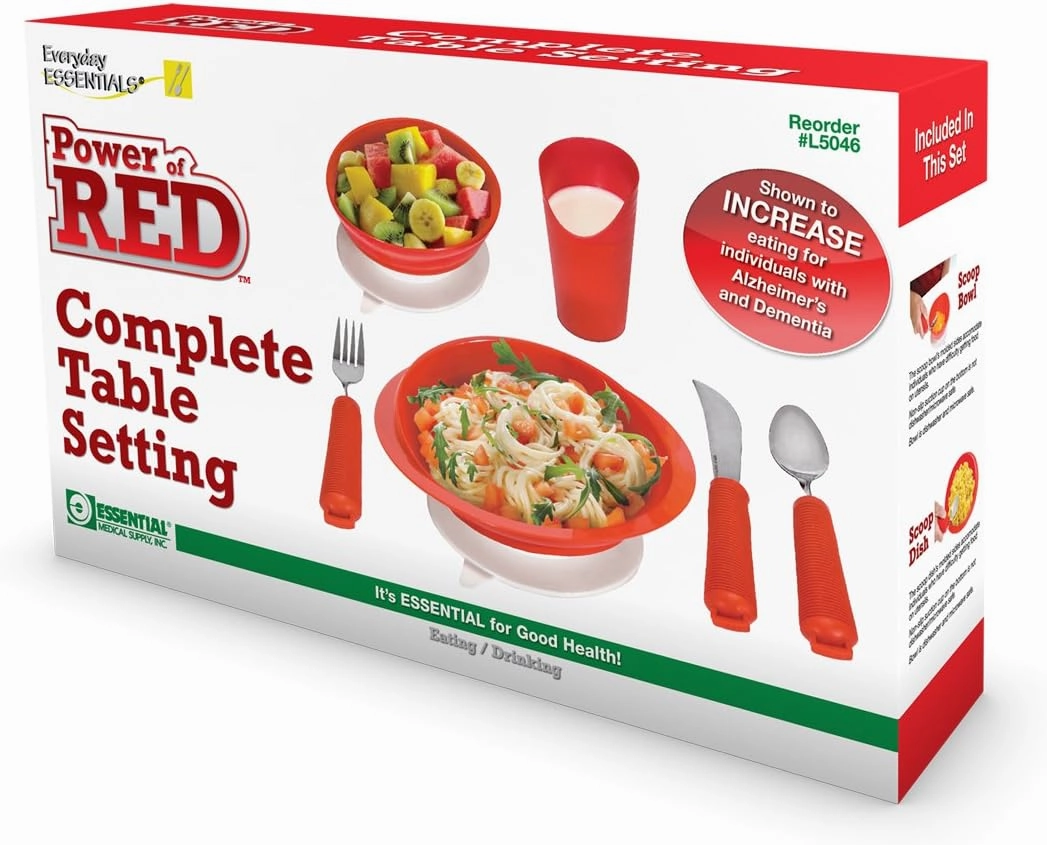 Essential Medical Supply Power of Red Adaptive Dinnerware Set - Includes Scoop Dish and Bowl, Utensil Set, Nosey Cup - Designed for Elderly and Senior Use Plus Handicapped, Dementia or Rehab