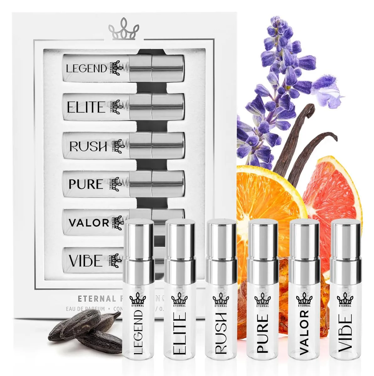 Eternal Discovery Set Men's Favorites 6x3ml Sample Sprayers, Long-lasting, Vegan, Clean Ingredients, Inspired by Sauvage EDP, One Million, A.cqua Di Gio EDP, Bleu de C, Spicebomb Extreme, Legend Red